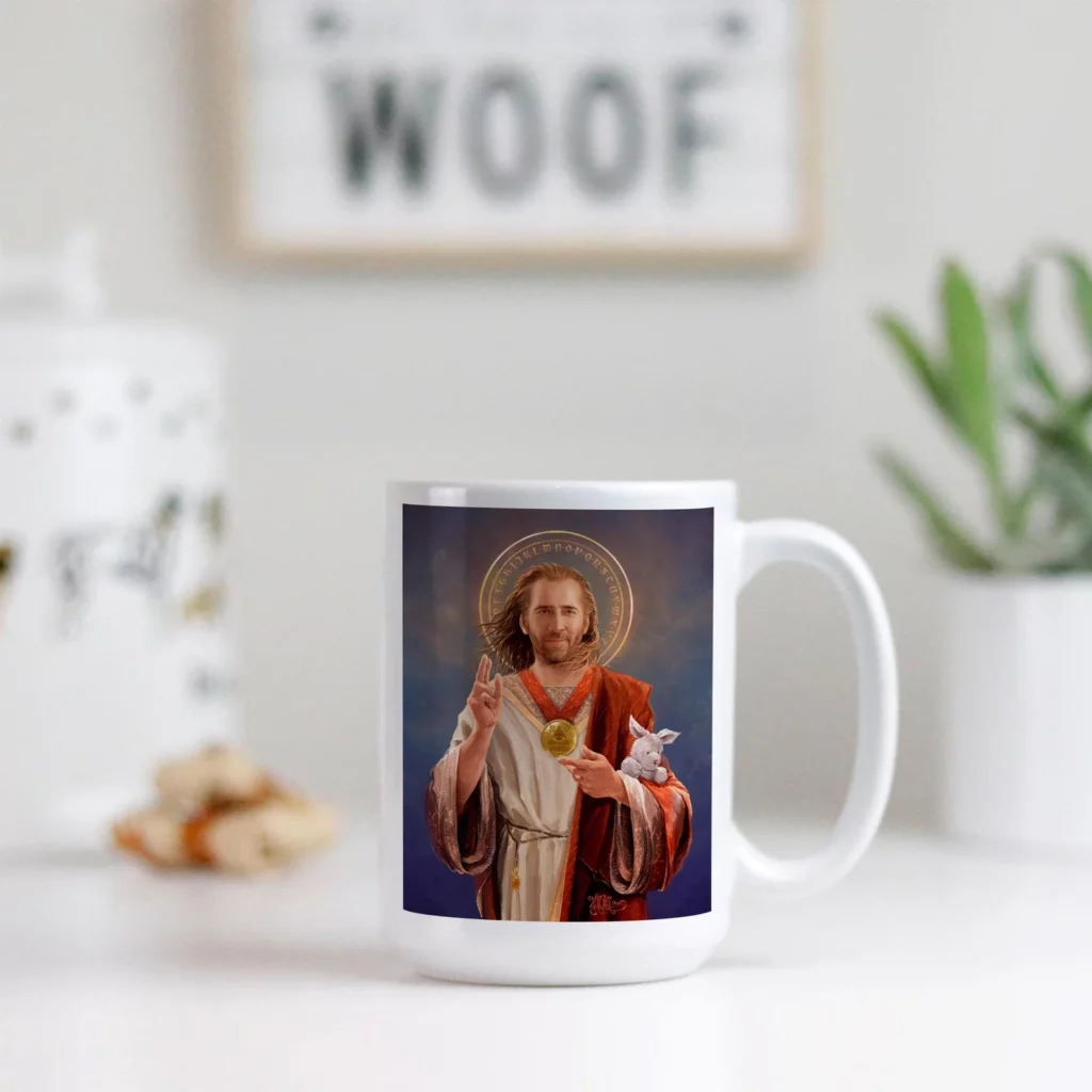 a coffee mug with image of nicolas cage as a saint